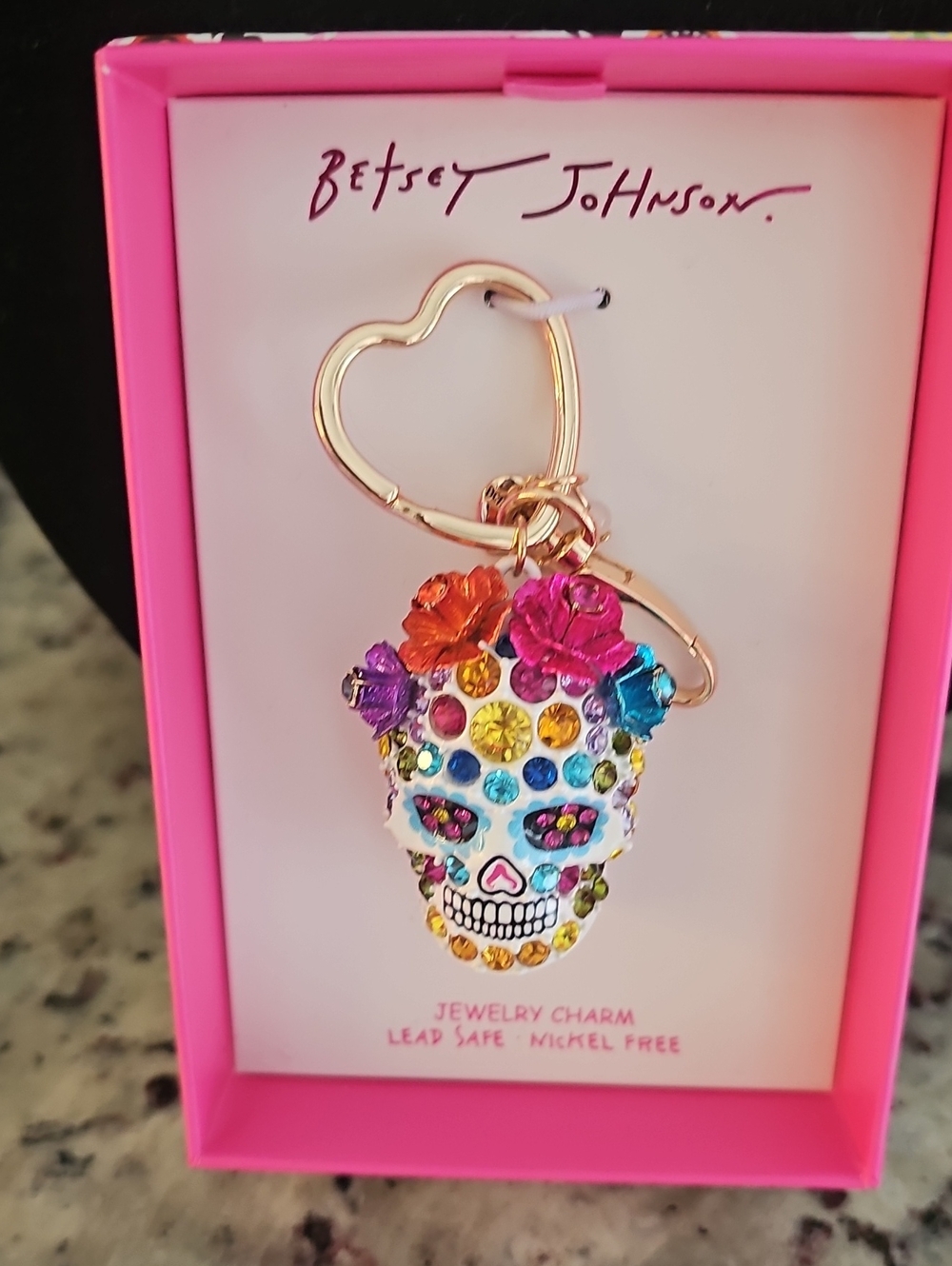 Betsey Johnson Pink & Multicolor Rhinestone Sugar Skull Keychain
